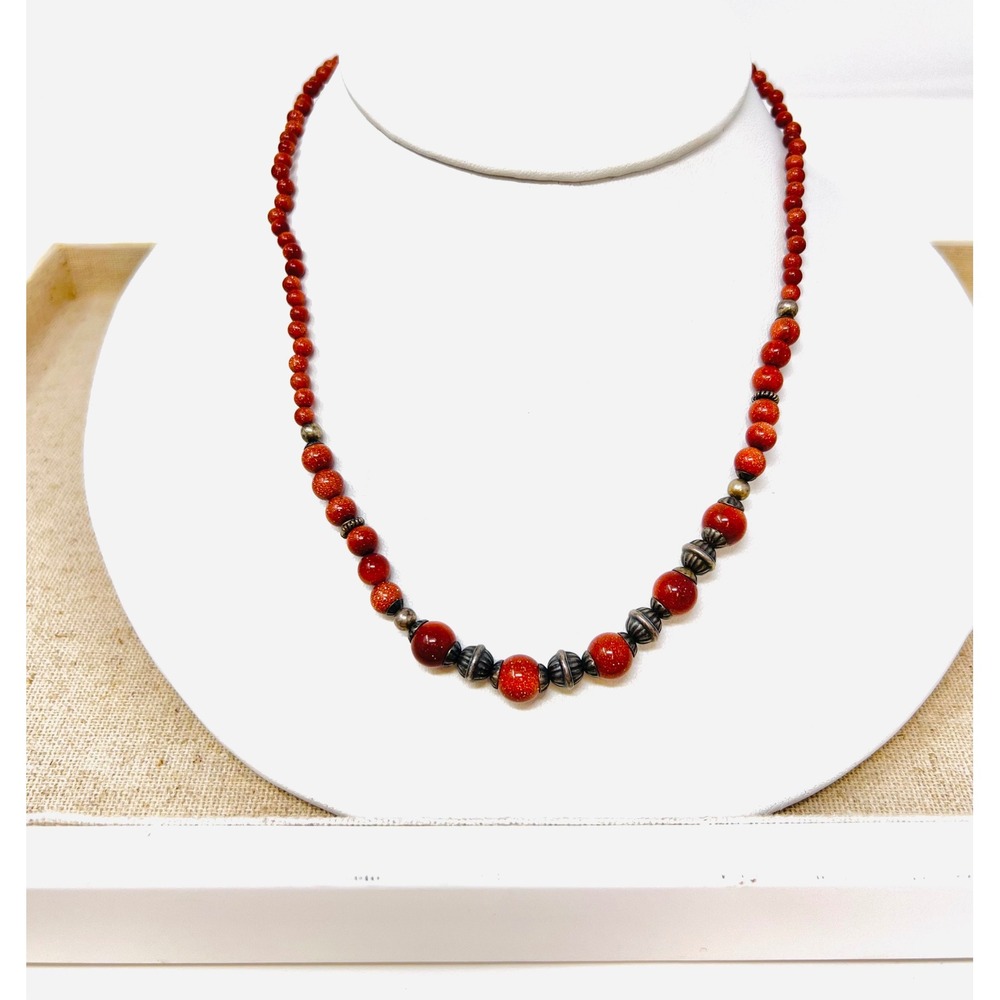 Sterling Silver Red Goldstone Beaded Southwestern Boho Necklace